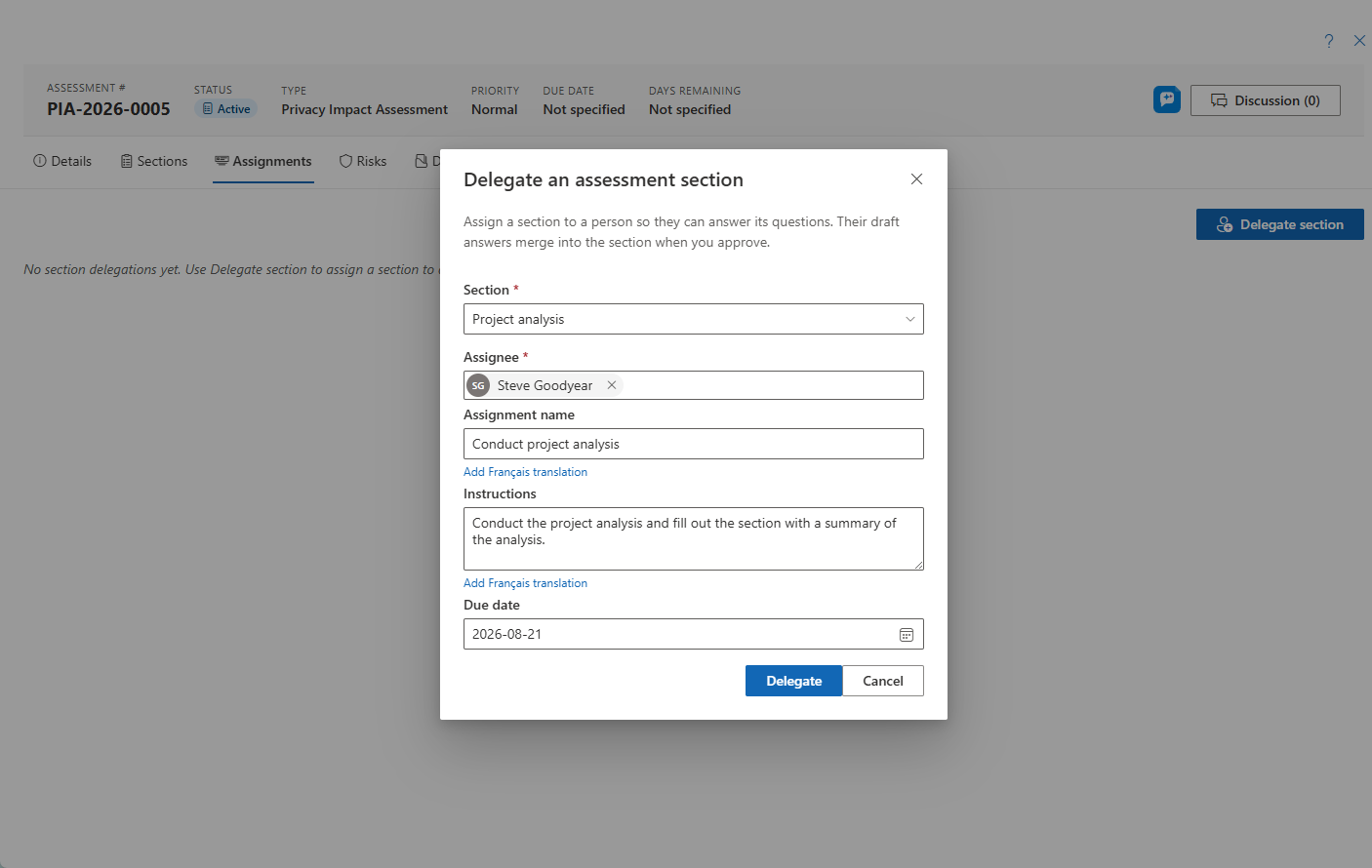 Section assignment panel