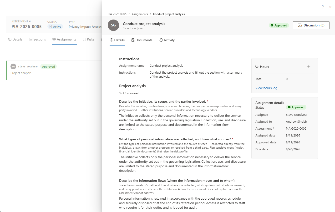 The same assignment once approved — the Approved status and the approval date recorded