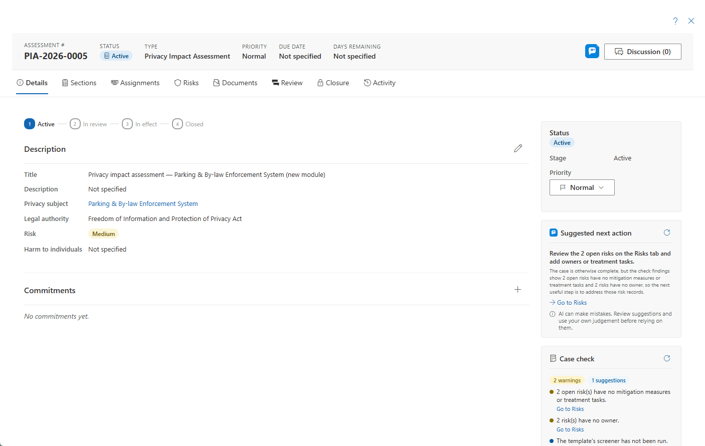 Assessment overview tab