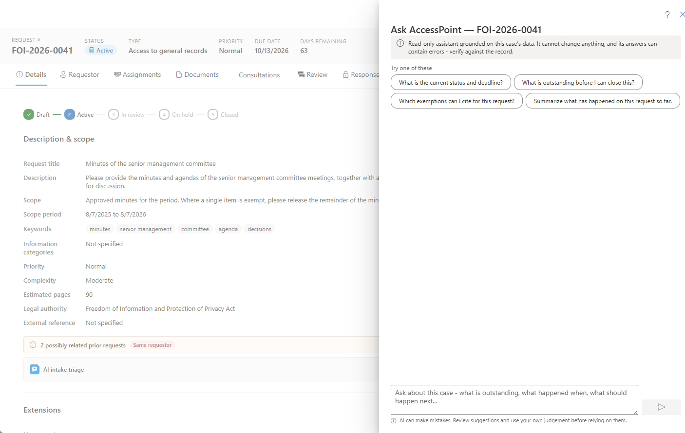The Ask AccessPoint panel when first opened, offering suggested questions