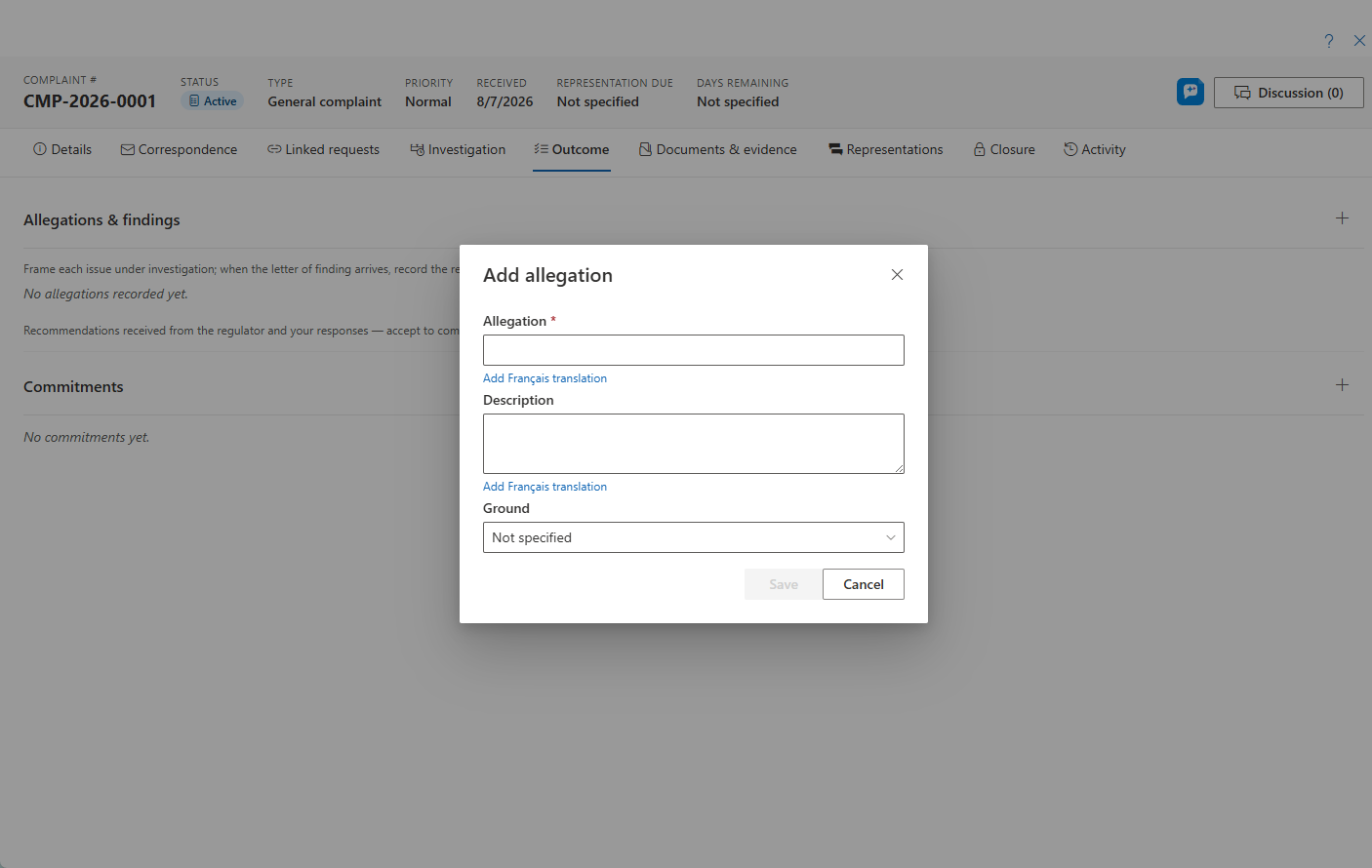 The Add allegation dialog — the allegation, its description, and the ground it is framed under
