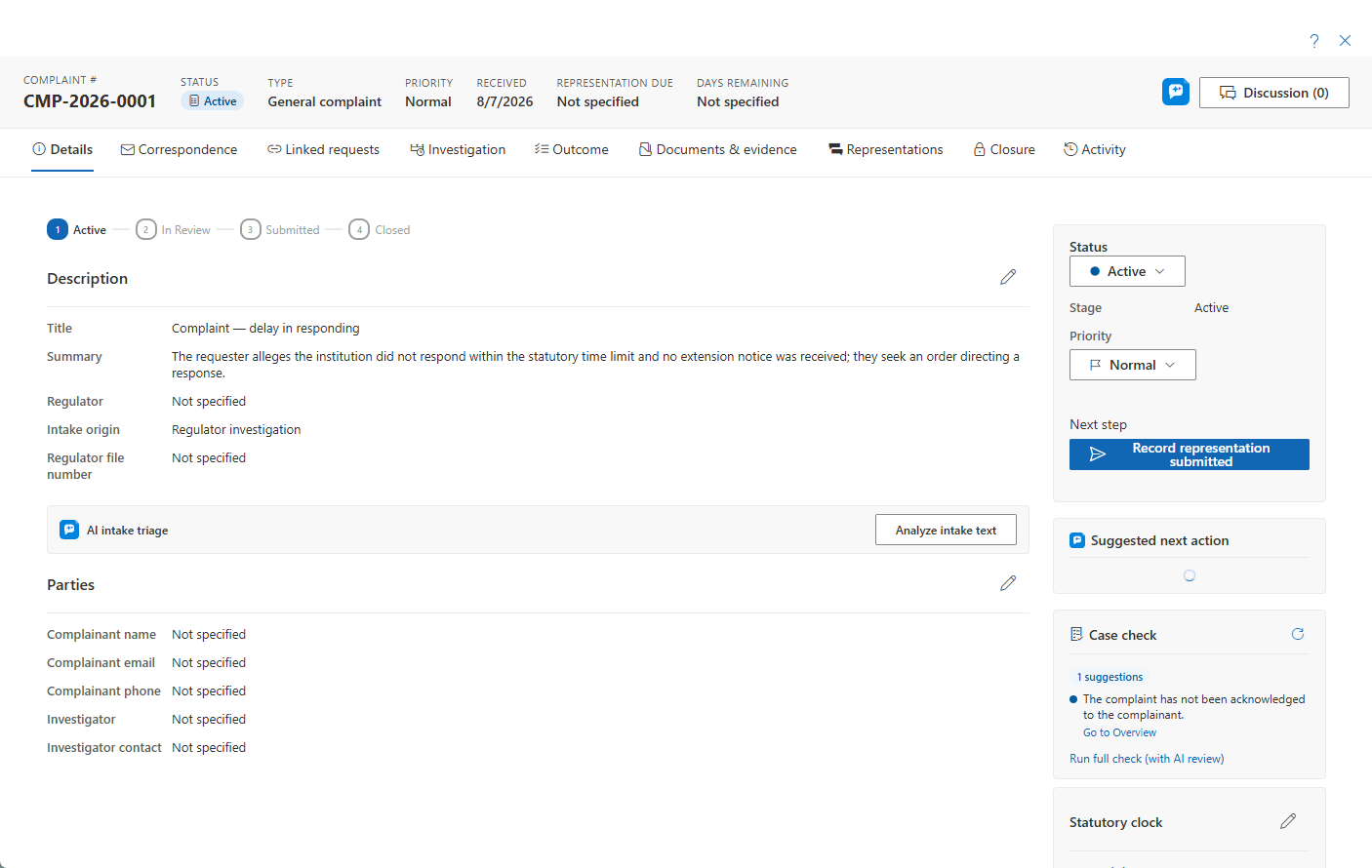 Complaint overview tab