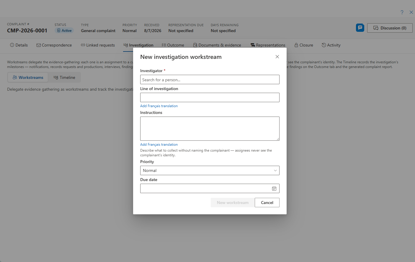The New investigation workstream dialog — investigator, line of investigation, and instructions written without naming the complainant