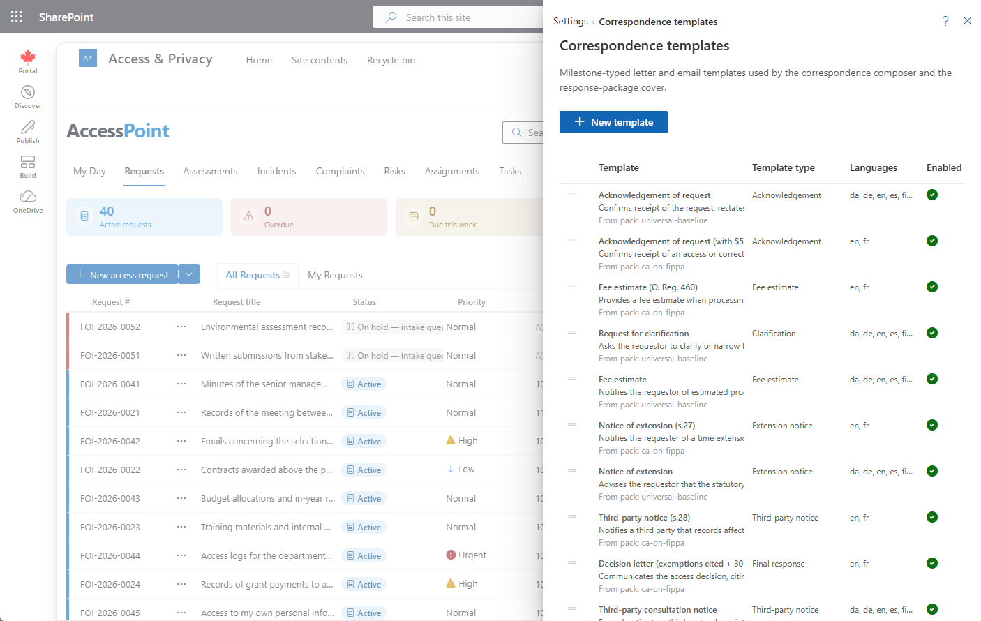 Correspondence templates list
