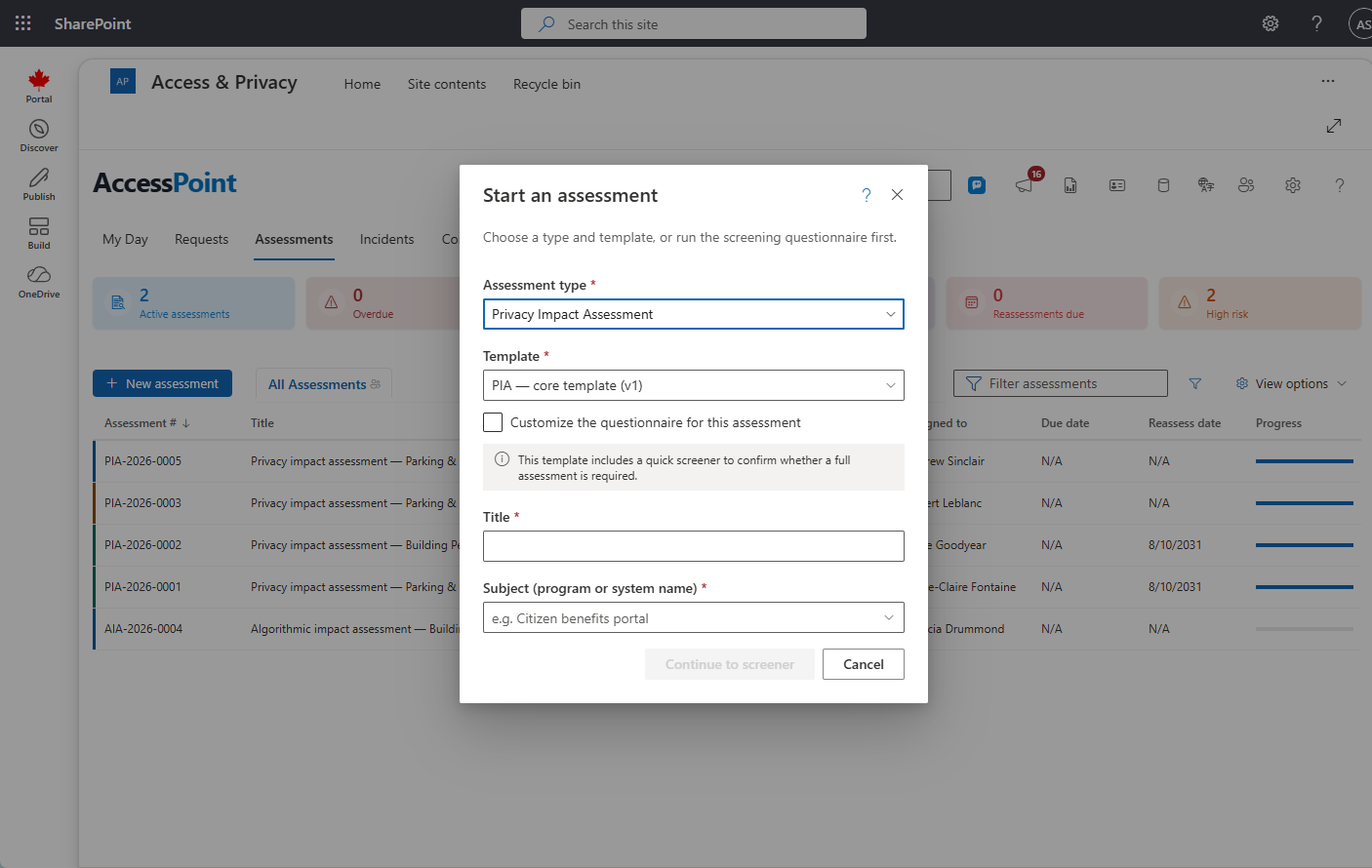 Create assessment dialog