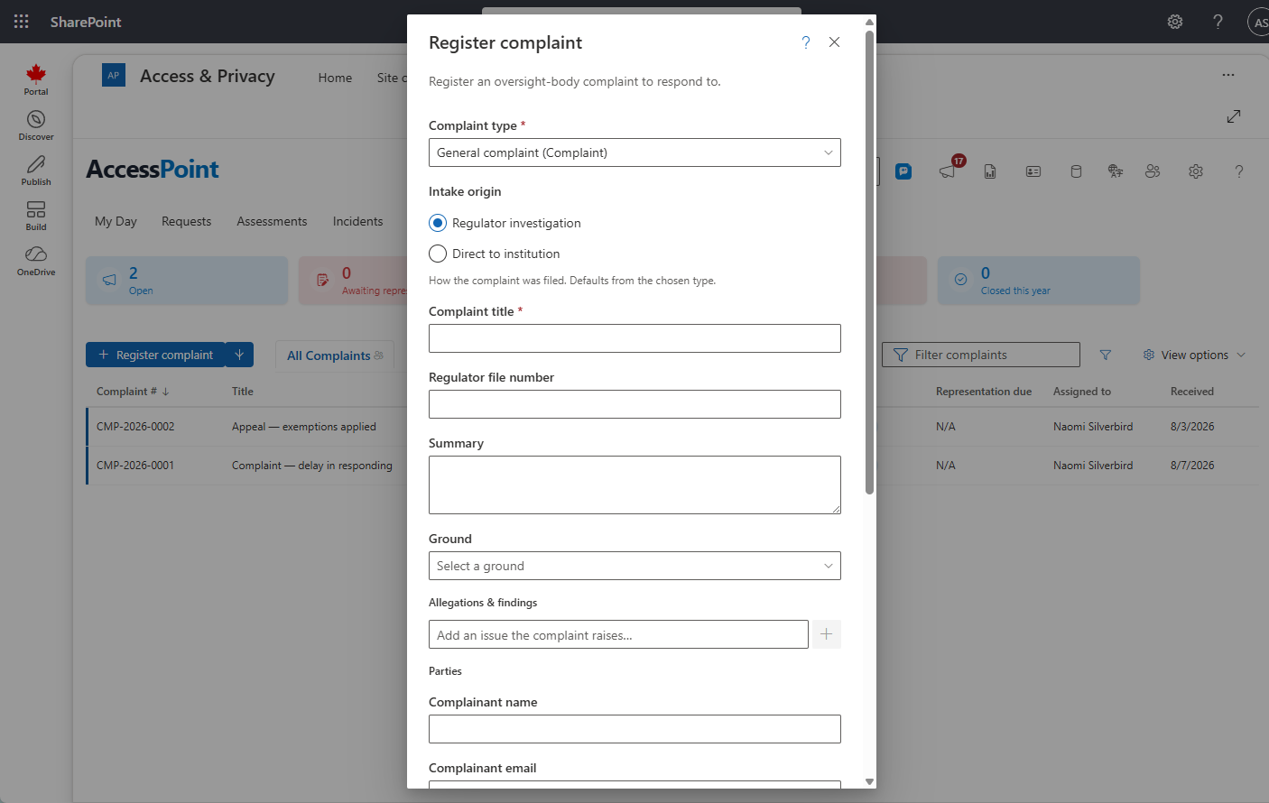 Register complaint dialog