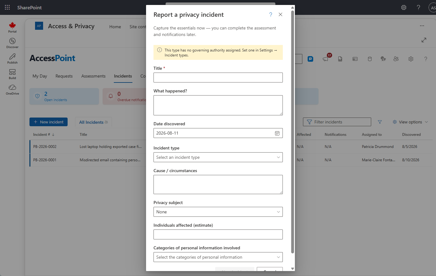 Report incident dialog