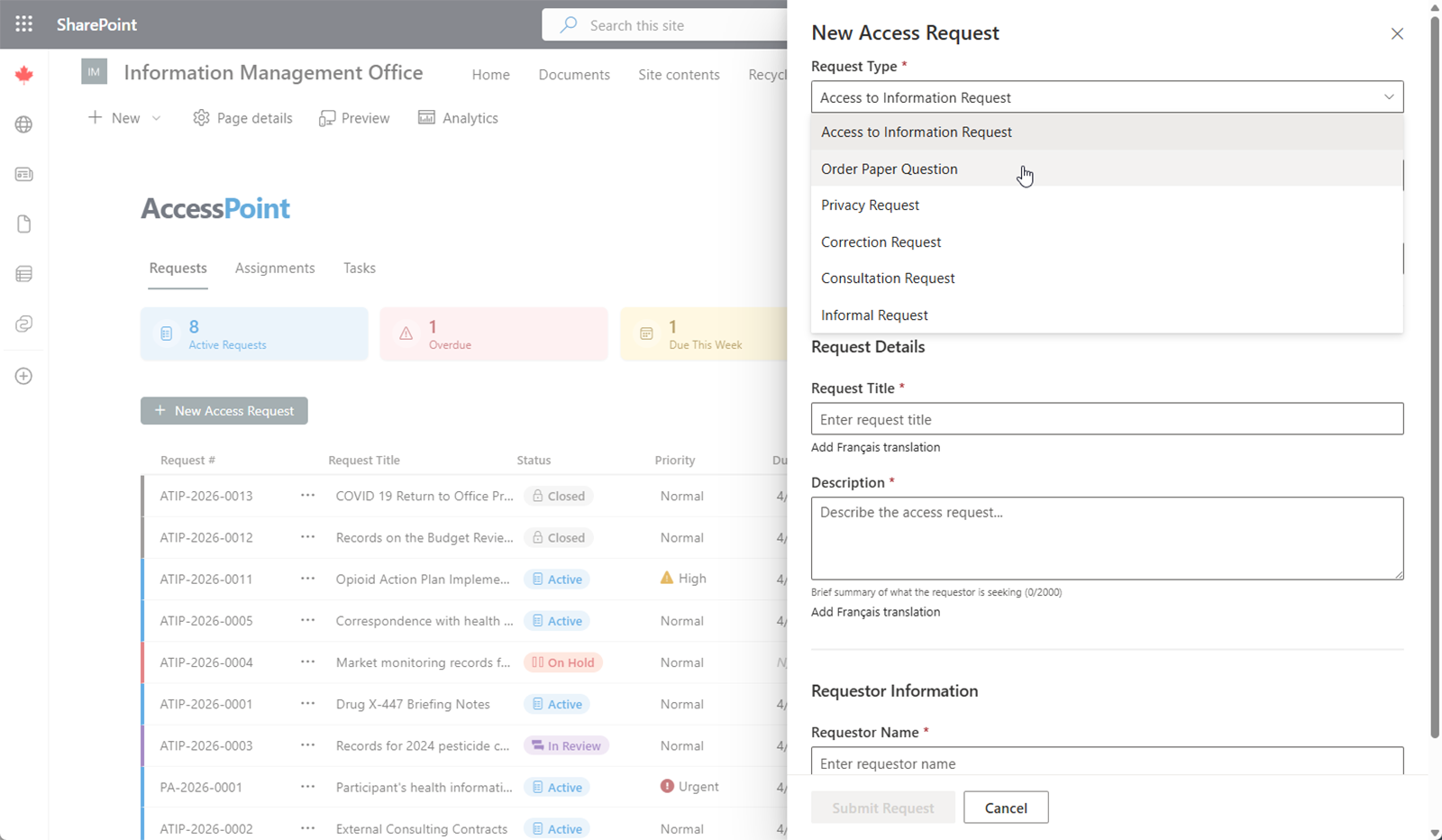 Request Type dropdown