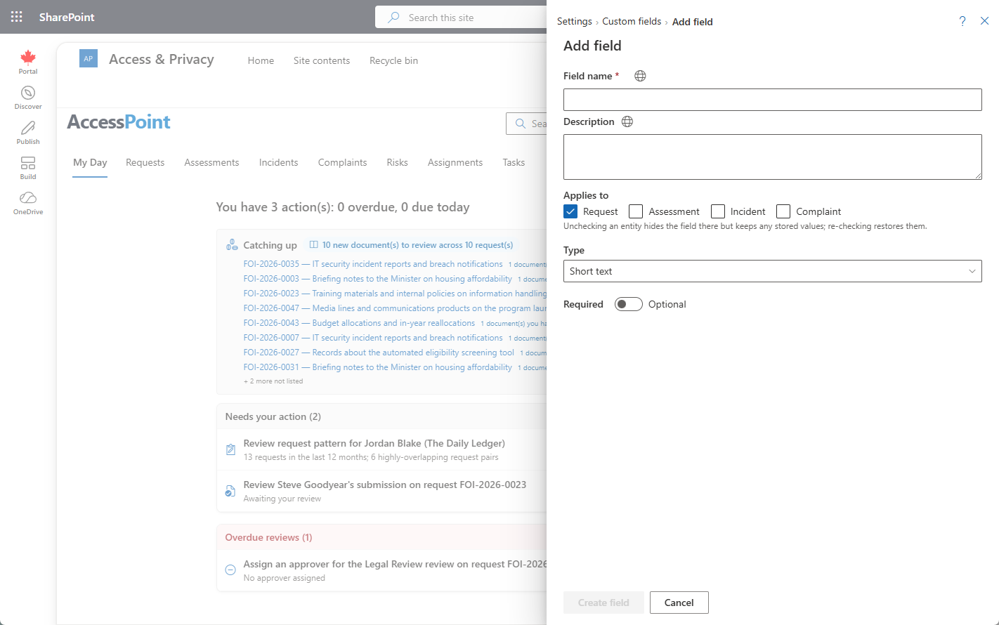 the Add field dialog — name, description, which case types it applies to, its type, and whether it is required