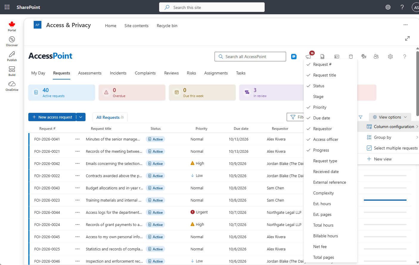 The View options (⋯) menu open on Column configuration