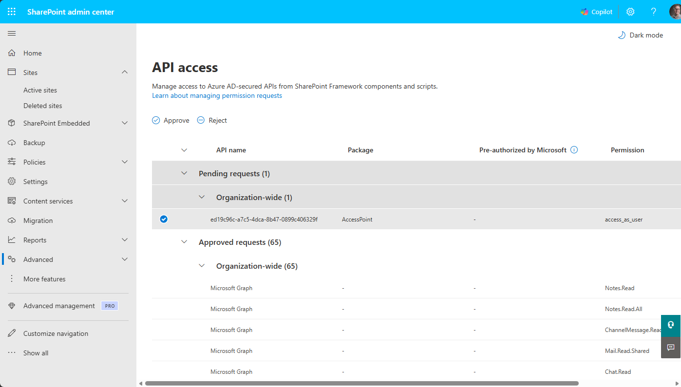 The pending request selected, with Approve and Reject available