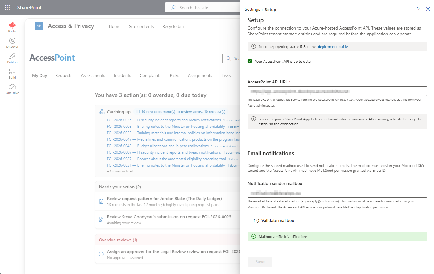 API URL configuration in the Setup panel