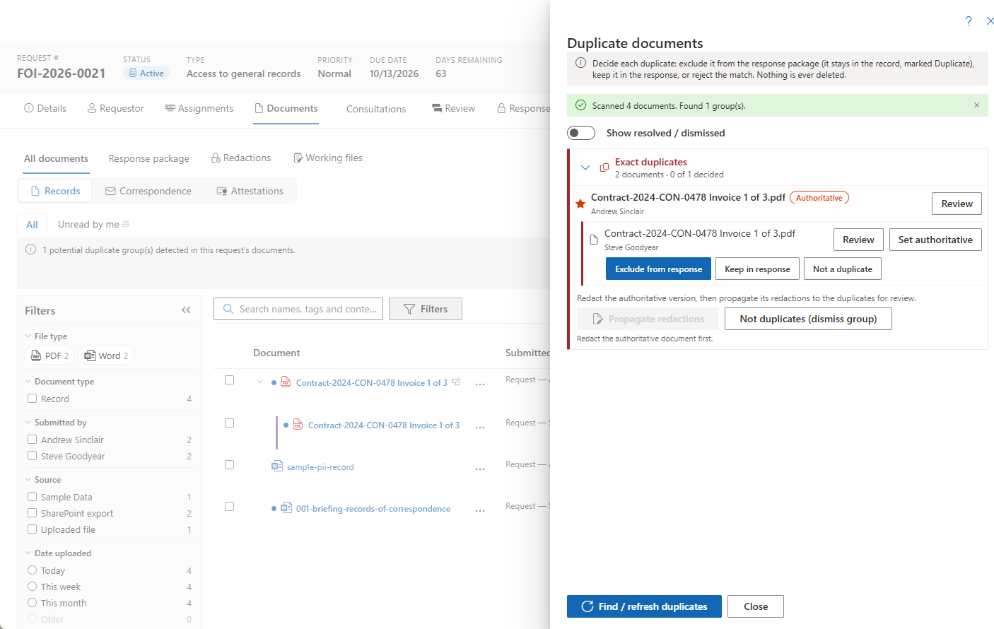 Duplicate documents panel