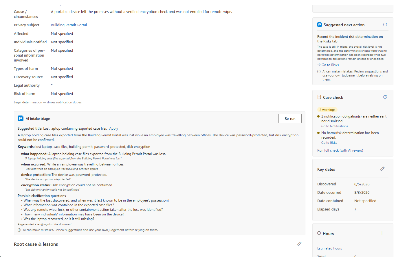 AI intake triage card on an incident