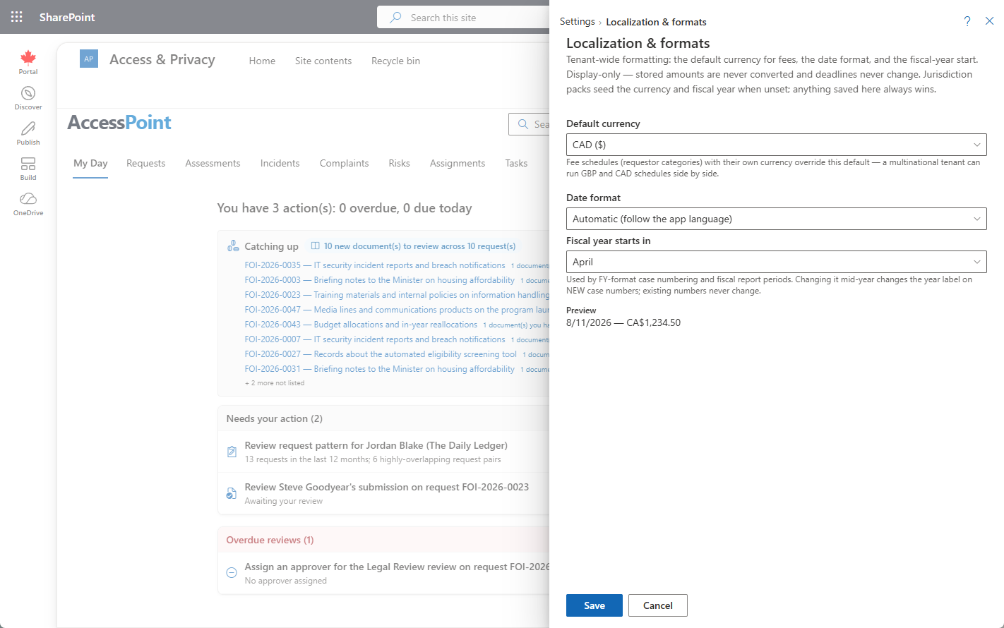 The Localization & formats panel — tenant default currency, date format, and fiscal-year start