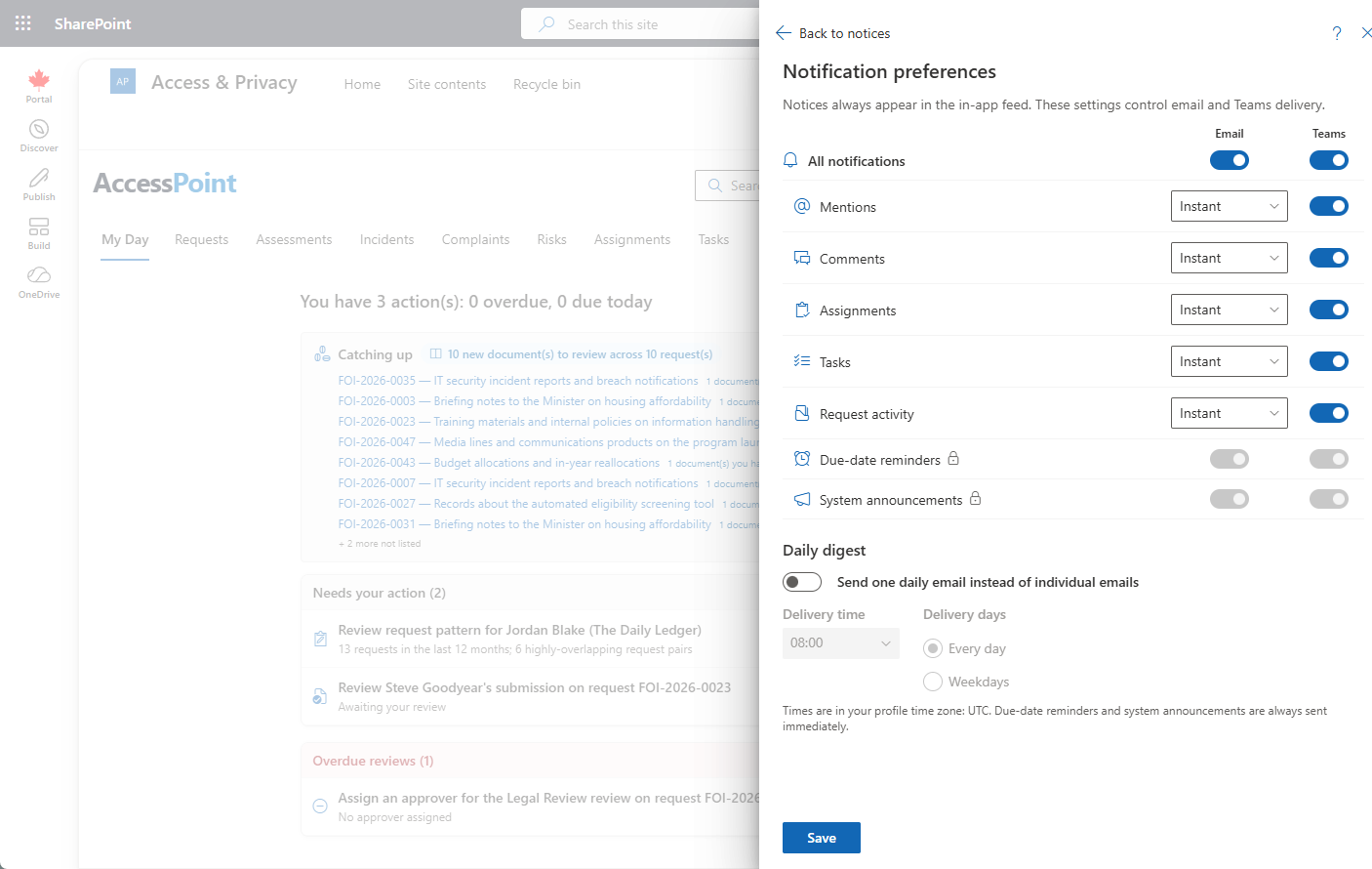 Notification preferences grid