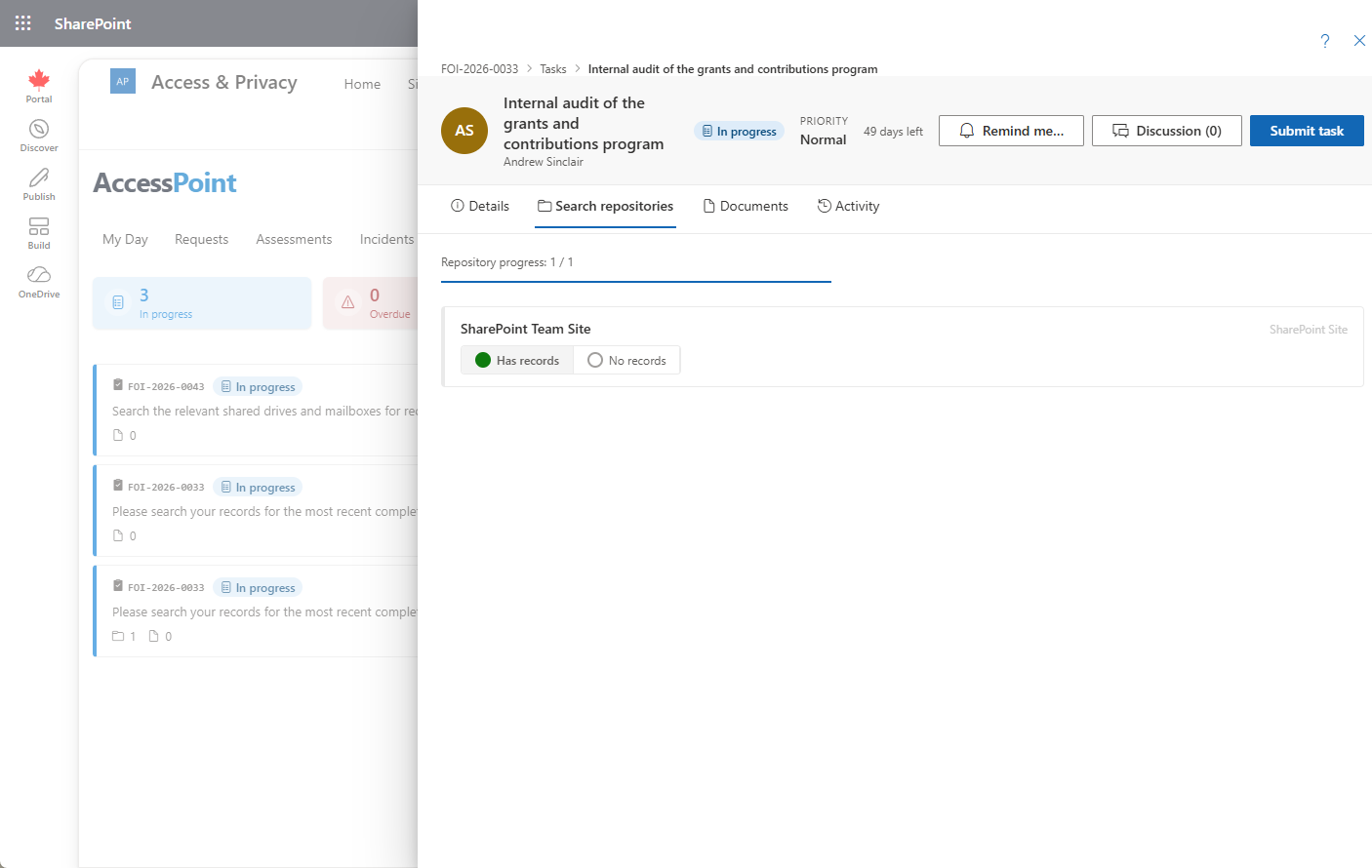 Recording the search outcome for a repository, on the task it is attached to
