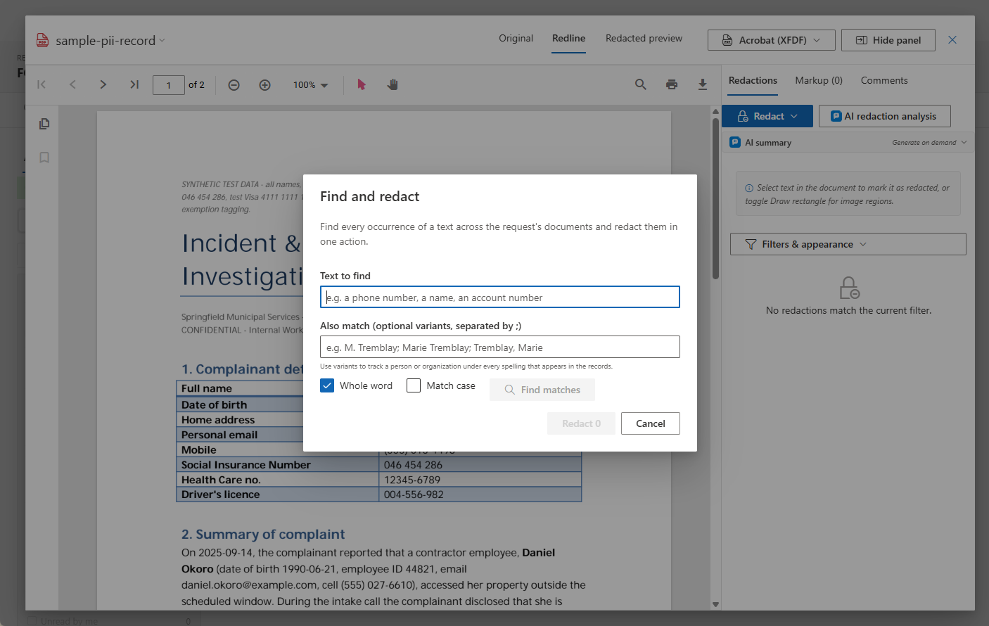 Find & redact in the redaction workspace