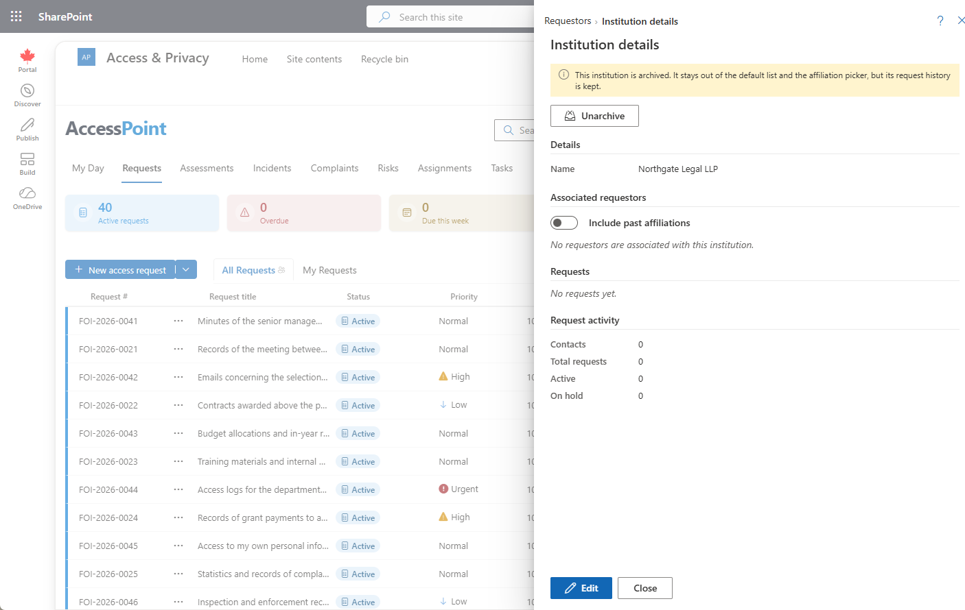 An archived institution — it stays out of the default list and the affiliation picker, but its request history is kept