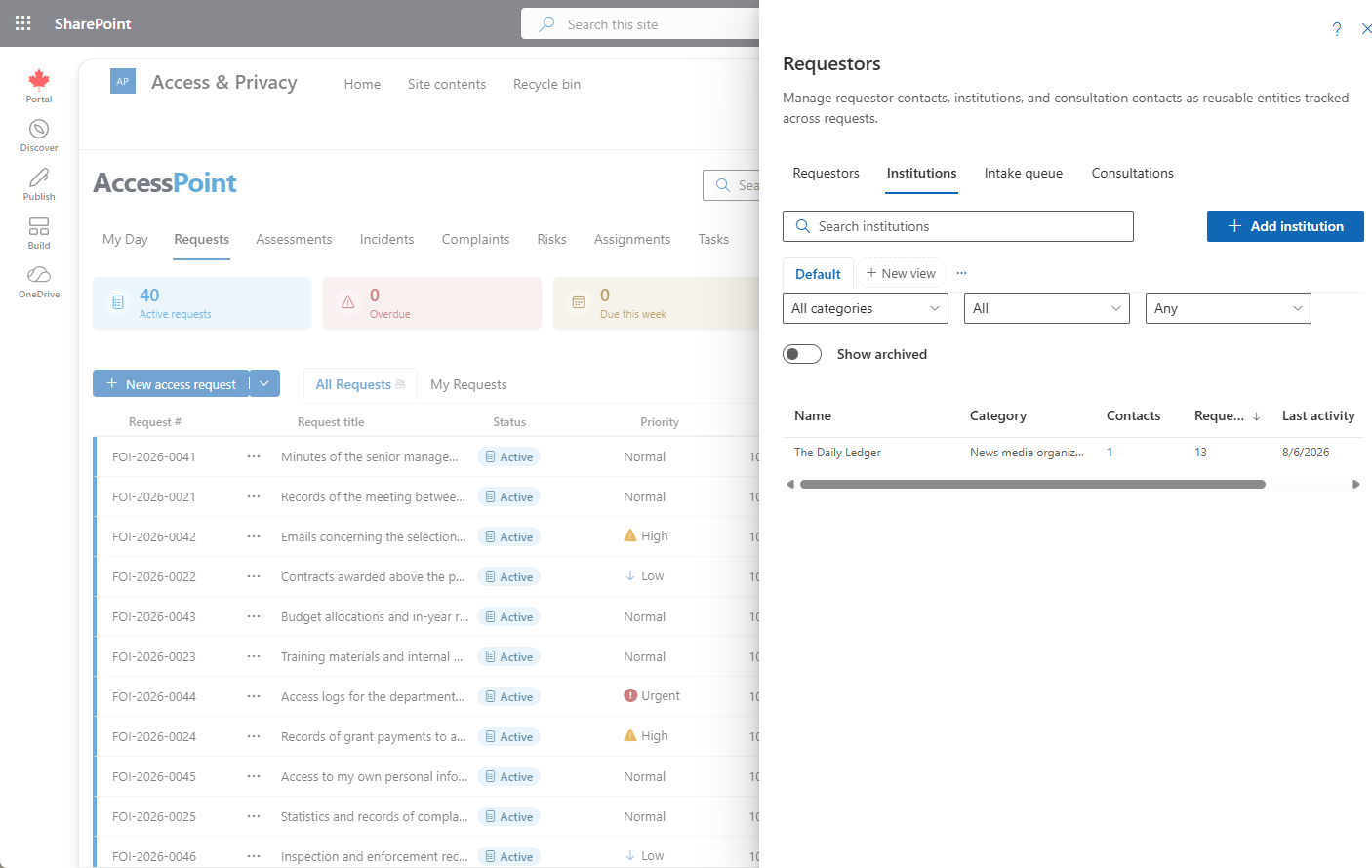 The Institutions tab of the Requestors panel, where institutions are found and added