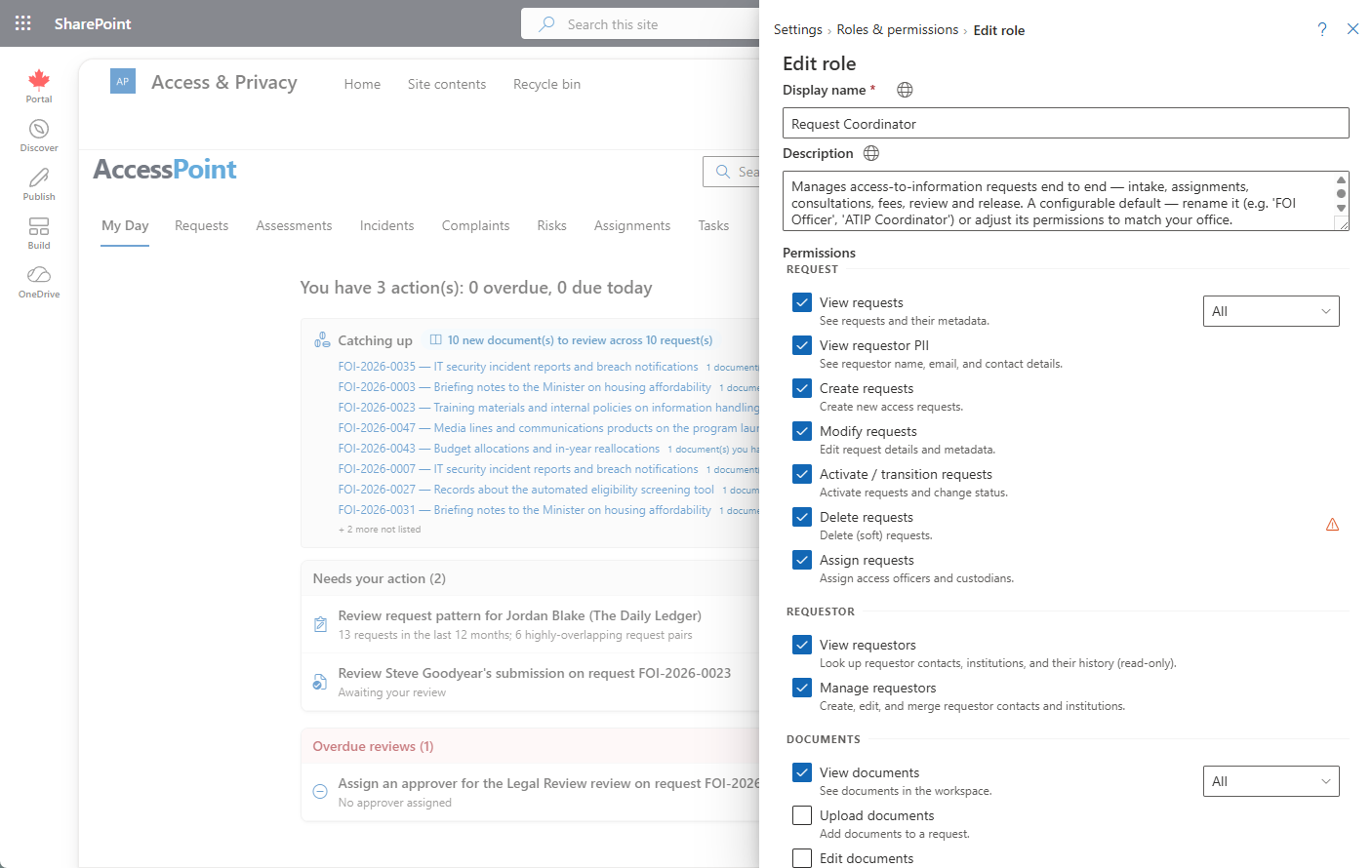 The Edit role panel — the categorized permission catalog with per-permission scope