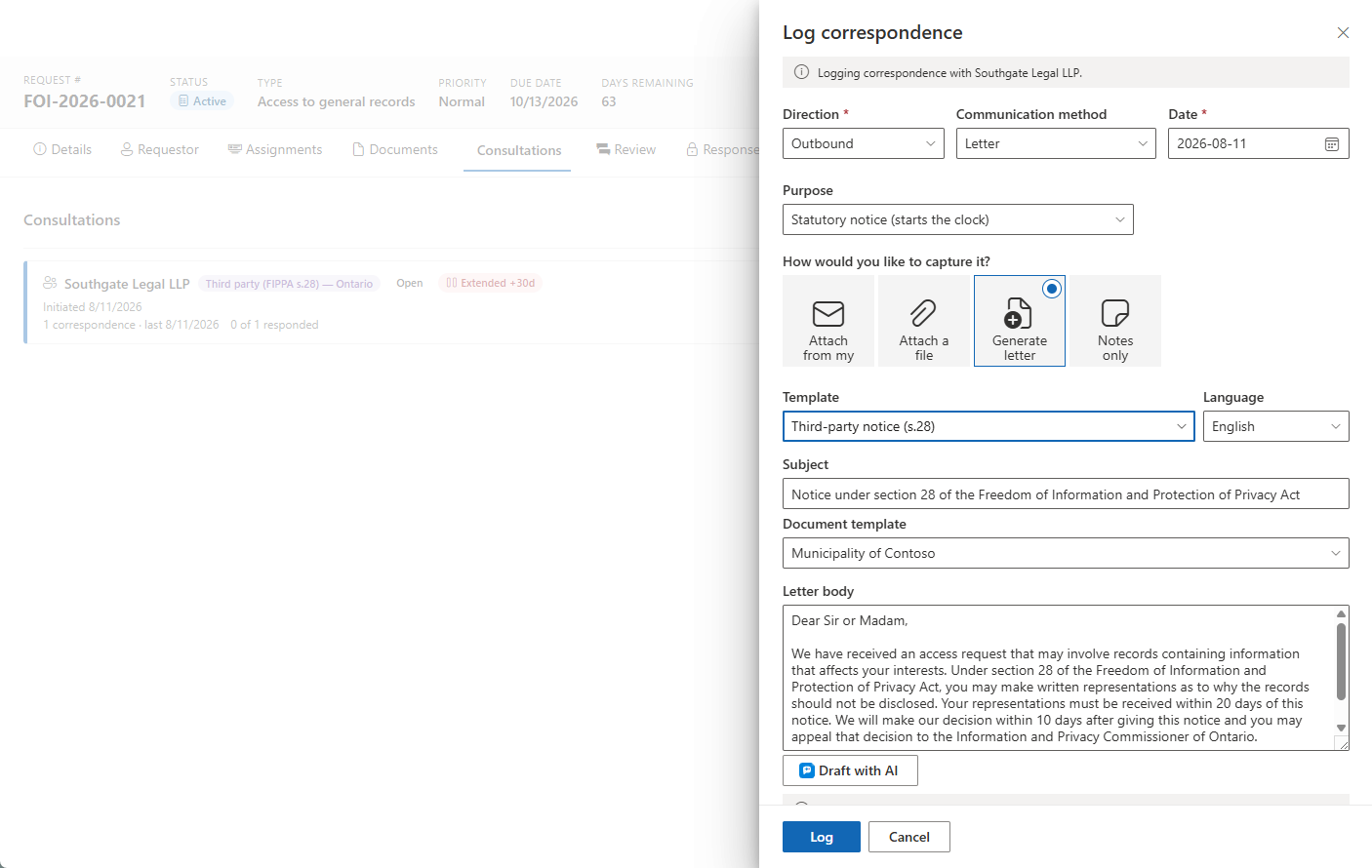 The same panel with Generate letter chosen — template, subject, document template, and the letter body